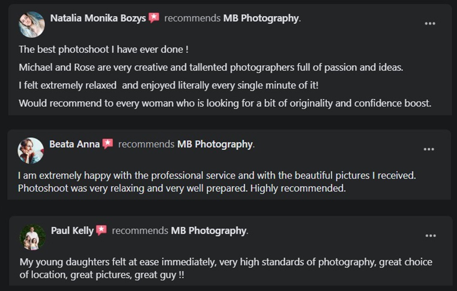 Image showing three reviews recommending MB Photography. Reviewers praise the creativity, relaxing experience, professional service, and high-quality photos provided by photographers Michael and Rose. Highlighted is the comfort felt during the photoshoots and the recommendation for others seeking originality and confidence boosts.