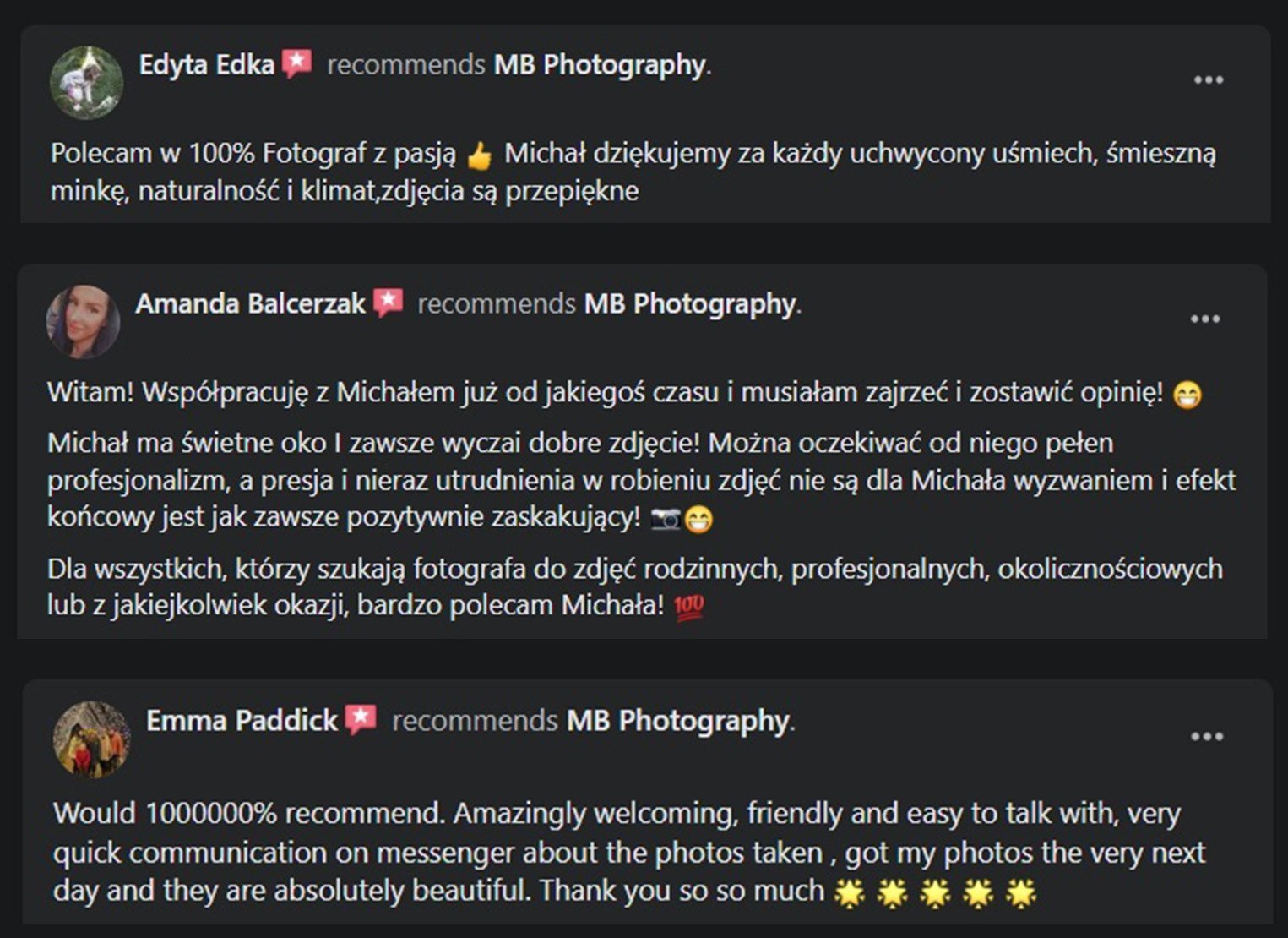Social media reviews for MB Photography in Polish and English, praising the photographer's passion, professionalism, and friendly service.