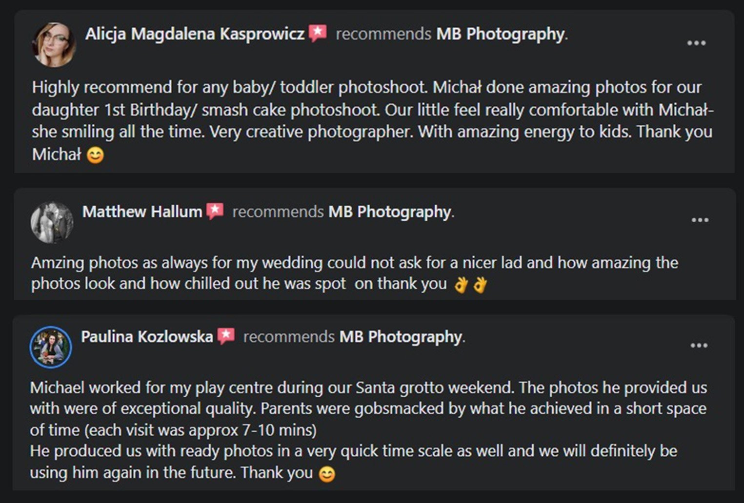 Screenshot of three reviews recommending MB Photography for their excellent photo services, including baby photoshoots, wedding photos, and event photography, highlighting the photographer's creativity and efficiency.