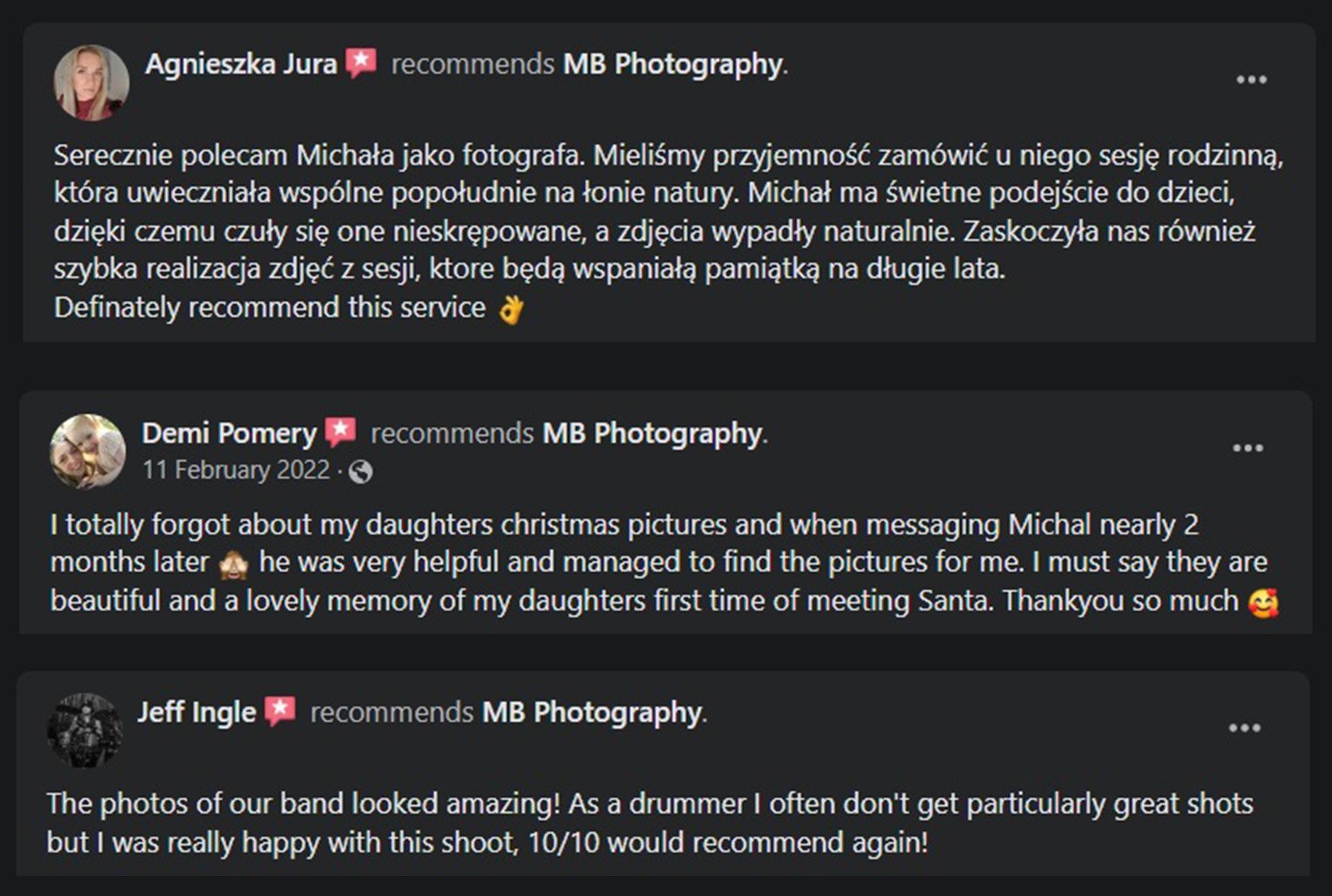 Image showing three positive Facebook recommendations for MB Photography. The first review by Agnieszka praises the photographer's work with children and quick delivery. The second review by Demi highlights Michał's helpfulness in retrieving Christmas photos of her daughter. The third review by Jeff appreciates the quality of band photos, giving a 10/10 rating, especially noting satisfaction as a drummer.