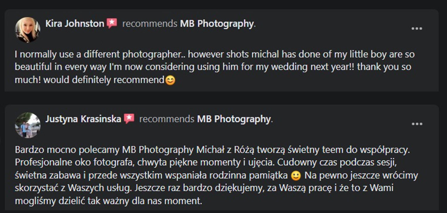 Two positive customer reviews for MB Photography, praising the photographer's skills and the quality of photos taken. Texts are in English and Polish.